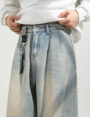 メンズワイドデニムパンツ ウォッシュ加工 ルーズシルエット ヴィンテージスタイル - 画像 (2)