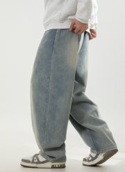 メンズワイドデニムパンツ ウォッシュ加工 ルーズシルエット ヴィンテージスタイル - 画像 (4)