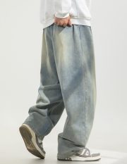 メンズワイドデニムパンツ ウォッシュ加工 ルーズシルエット ヴィンテージスタイル - 画像 (5)