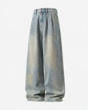 メンズワイドデニムパンツ ウォッシュ加工 ルーズシルエット ヴィンテージスタイル