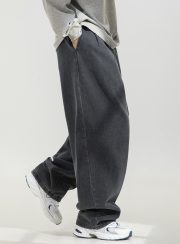 メンズワイドデニムパンツ ウォッシュ加工 ルーズシルエット ヴィンテージスタイル - 画像 (8)