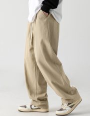 ユニセックスコットンパンツ 無地 ワイドシルエット リラックススタイル