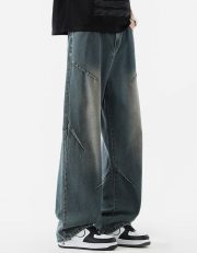 メンズワイドデニムパンツ ウォッシュ加工 ヴィンテージスタイル ルーズシルエット - 画像 (7)