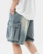 メンズデニムカーゴショートパンツ ウォッシュ加工 ワイドポケット カジュアルスタイル