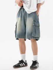 メンズデニムカーゴショートパンツ ウォッシュ加工 ワイドポケット カジュアルスタイル - 画像 (3)