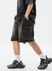 メンズデニムカーゴショートパンツ ウォッシュ加工 ワイドポケット カジュアルスタイル - 画像 (9)