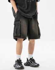 メンズデニムカーゴショートパンツ ウォッシュ加工 ワイドポケット カジュアルスタイル - 画像 (10)
