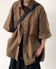 メンズ半袖ワークシャツ 無地 オーバーサイズ カジュアルスタイル