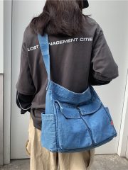 ウォッシュドデニムショルダーバッグ ユニセックス 大容量 ヴィンテージスタイル - 画像 (10)