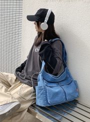 ウォッシュドデニムショルダーバッグ ユニセックス 大容量 ヴィンテージスタイル - 画像 (11)