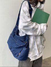 ウォッシュドデニムショルダーバッグ ユニセックス 大容量 ヴィンテージスタイル - 画像 (16)