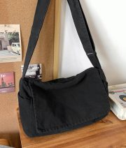 ウォッシュドキャンバス学生ショルダーバッグ シンプルデザイン ヴィンテージスタイル - 画像 (3)