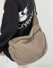 ユニセックス大容量キャンバスショルダーバッグ ウォッシュドヴィンテージスタイル