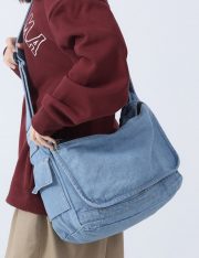 ユニセックスデニムショルダーバッグ ウォッシュド加工 カジュアルバッグ