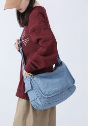 ユニセックスデニムショルダーバッグ ウォッシュド加工 カジュアルバッグ - 画像 (3)