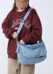 ユニセックスデニムショルダーバッグ ウォッシュド加工 カジュアルバッグ - 画像 (5)
