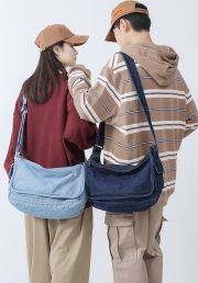 ユニセックスデニムショルダーバッグ ウォッシュド加工 カジュアルバッグ - 画像 (7)