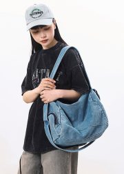 ユニセックスデニムショルダーバッグ ウォッシュド加工 大容量 カジュアルバッグ - 画像 (3)