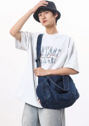 ユニセックスデニムショルダーバッグ ウォッシュド加工 大容量 カジュアルバッグ - 画像 (8)