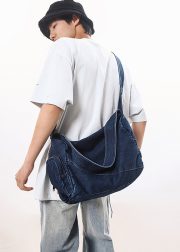 ユニセックスデニムショルダーバッグ ウォッシュド加工 大容量 カジュアルバッグ - 画像 (7)