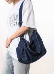 ユニセックスデニムショルダーバッグ ウォッシュド加工 大容量 カジュアルバッグ - 画像 (14)