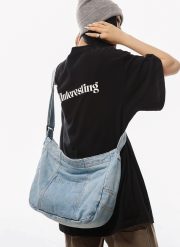 ユニセックスデニムショルダーバッグ ウォッシュド加工 大容量 カジュアルバッグ - 画像 (4)