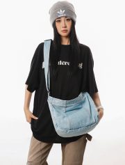 ユニセックスデニムショルダーバッグ ウォッシュド加工 大容量 カジュアルバッグ - 画像 (3)