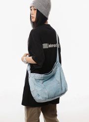 ユニセックスデニムショルダーバッグ ウォッシュド加工 大容量 カジュアルバッグ - 画像 (2)