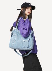 デニムトートショルダーバッグ 2WAY仕様 ウォッシュド加工 大容量 ユニセックス - 画像 (11)