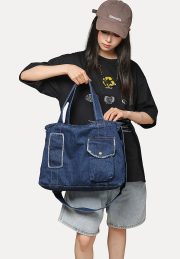 デニムトートショルダーバッグ 2WAY仕様 ウォッシュド加工 大容量 ユニセックス - 画像 (3)