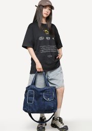 デニムトートショルダーバッグ 2WAY仕様 ウォッシュド加工 大容量 ユニセックス - 画像 (2)