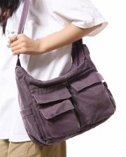 ユニセックスキャンバスショルダーバッグ ウォッシュド加工 多ポケット 大容量 - 画像 (3)
