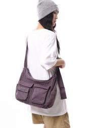 ユニセックスキャンバスショルダーバッグ ウォッシュド加工 多ポケット 大容量 - 画像 (2)