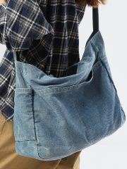 ユニセックスデニムショルダーバッグ ウォッシュド加工 シンプルナチュラルスタイル - 画像 (12)