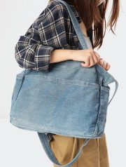 ユニセックスデニムショルダーバッグ ウォッシュド加工 シンプルナチュラルスタイル - 画像 (9)