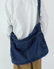 ユニセックスデニムショルダーバッグ ウォッシュド加工 シンプルナチュラルスタイル - 画像 (6)
