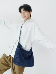 ユニセックスデニムショルダーバッグ ウォッシュド加工 シンプルナチュラルスタイル - 画像 (5)