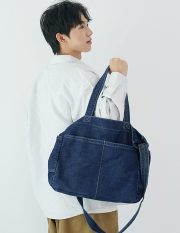 ユニセックスデニムショルダーバッグ ウォッシュド加工 シンプルナチュラルスタイル - 画像 (4)