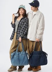 ユニセックスデニムショルダーバッグ ウォッシュド加工 シンプルナチュラルスタイル - 画像 (15)