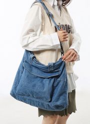 デニムショルダーバッグ ウォッシュド加工 収納力抜群 カジュアルスタイル - 画像 (5)