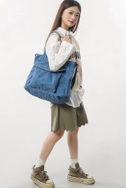 デニムショルダーバッグ ウォッシュド加工 収納力抜群 カジュアルスタイル - 画像 (2)
